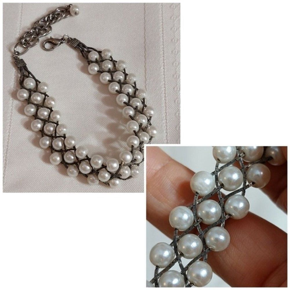Vintage Unique Braided Faux Pearl Silver Tone Bracelet